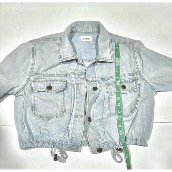 Mono B Women's Light-wash Denim Cropped Jean Jacket Pockets Drawstring Hem Small - Picture 13 of 14